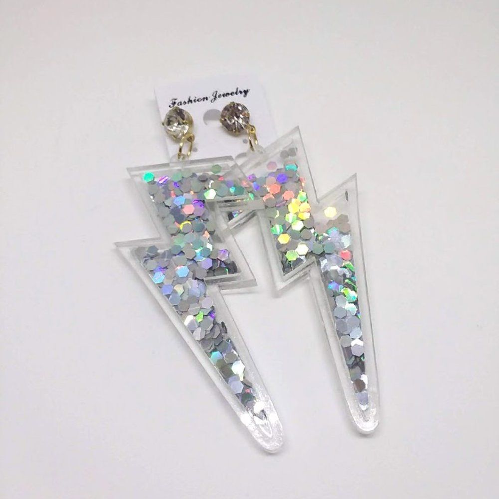 Acrylic Glitter Lightning Bolt Earrings, Kawaii Jewelry, 80s 90s Inspired - Picture 3 of 7
